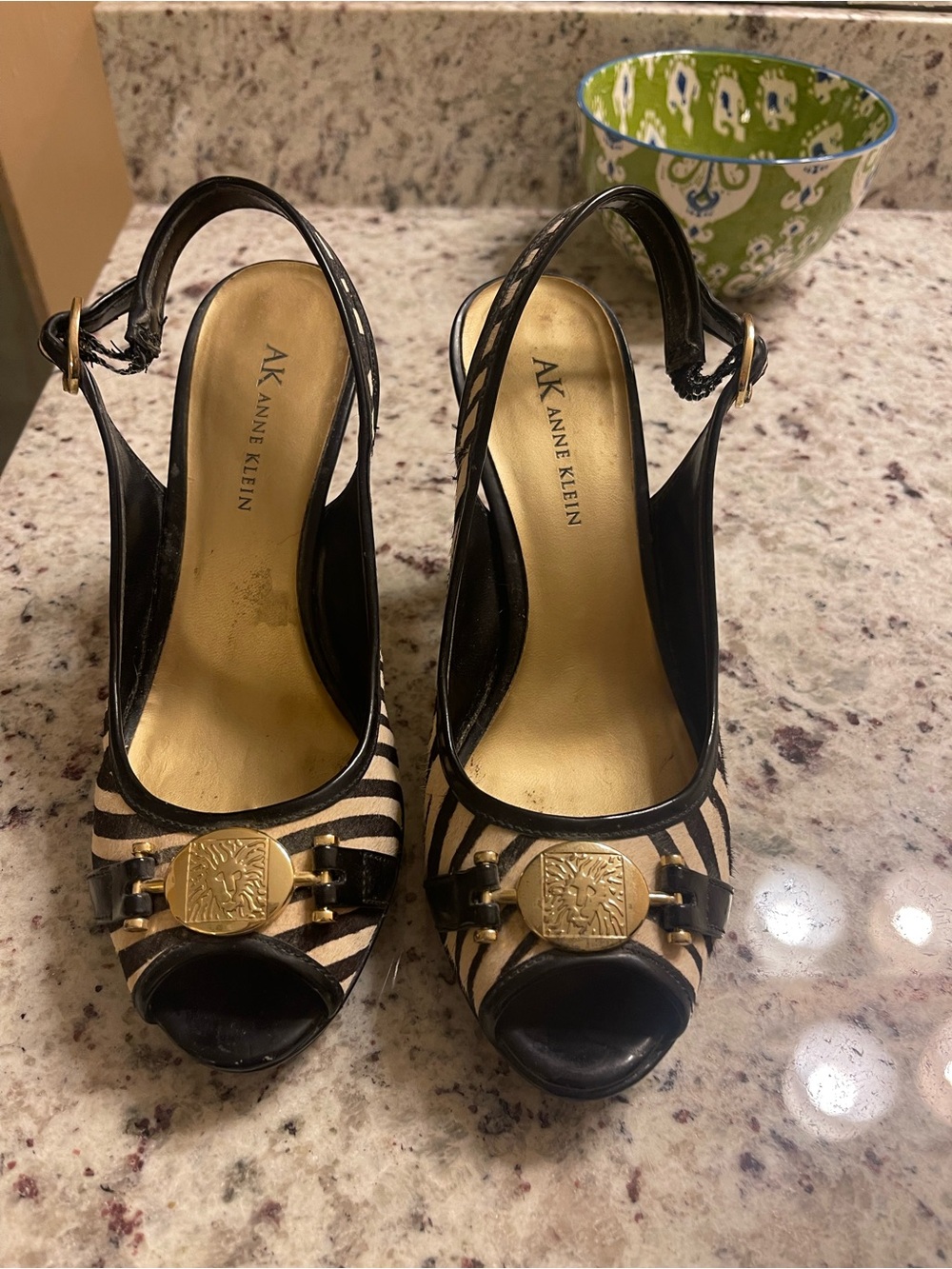 Anne Klein Black and Beige Zebra-Print Peep Toe Slingback Heels